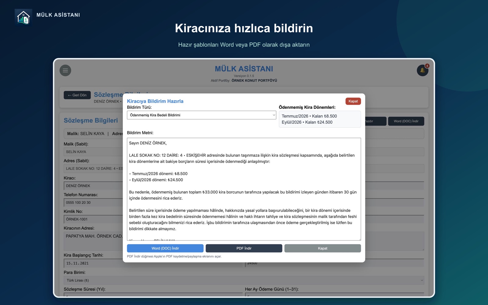 Kiracı bildirimi hazırlama ekranı