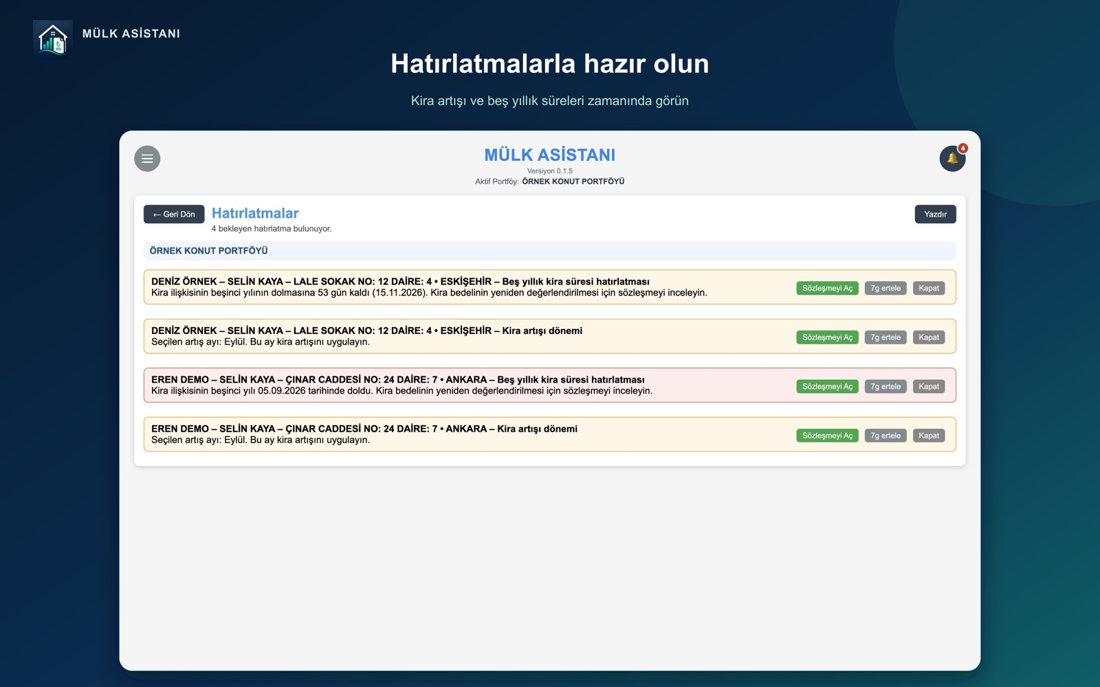 Mülk Asistanı hatırlatmalar ekranı