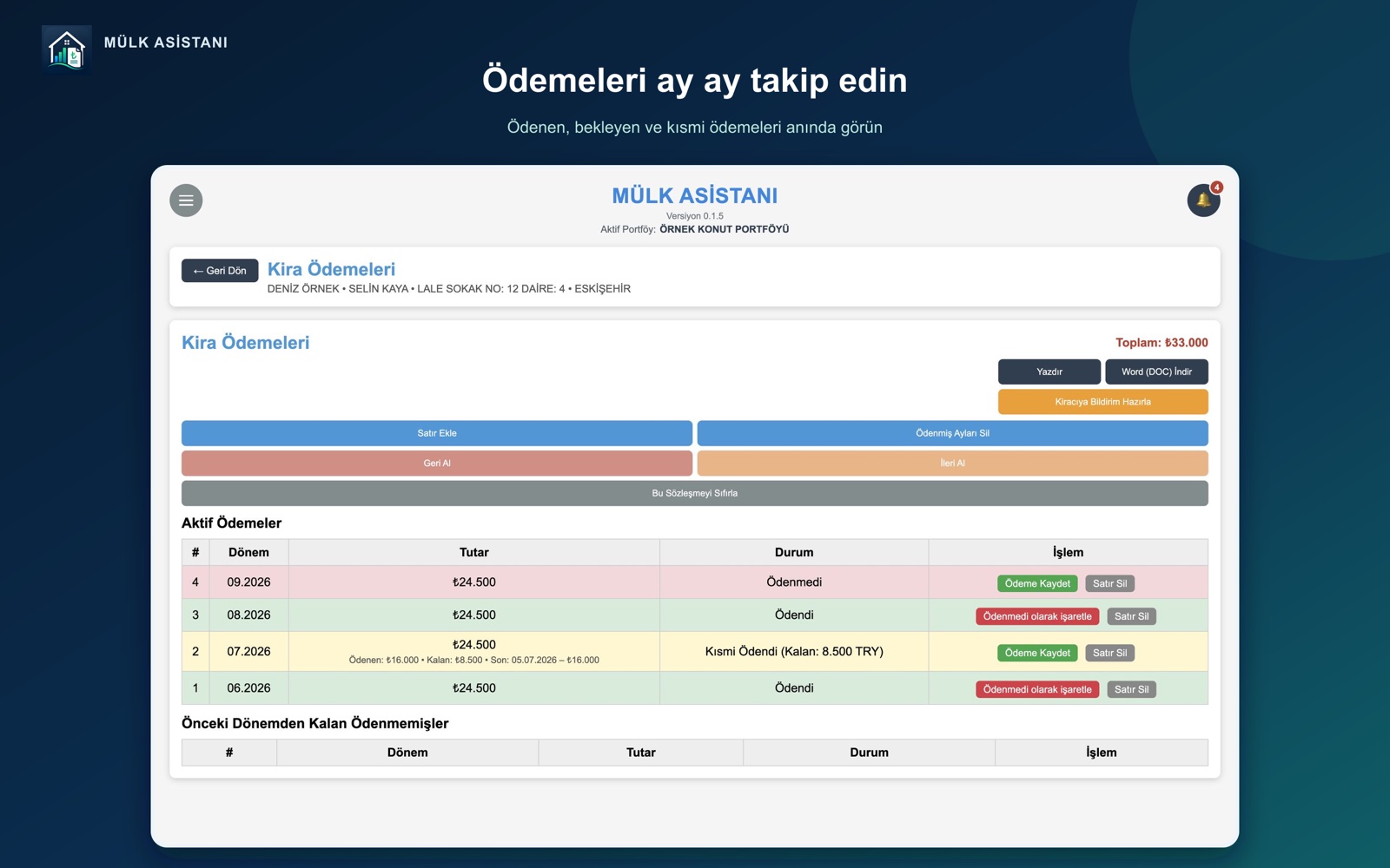Mülk Asistanı kira ödemeleri ekranı